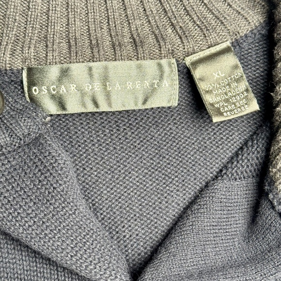 Oscar de la Renta Funnel Neck Cotton Dark Blue Ribbed Button Cardigan Sz XL - Picture 3 of 5